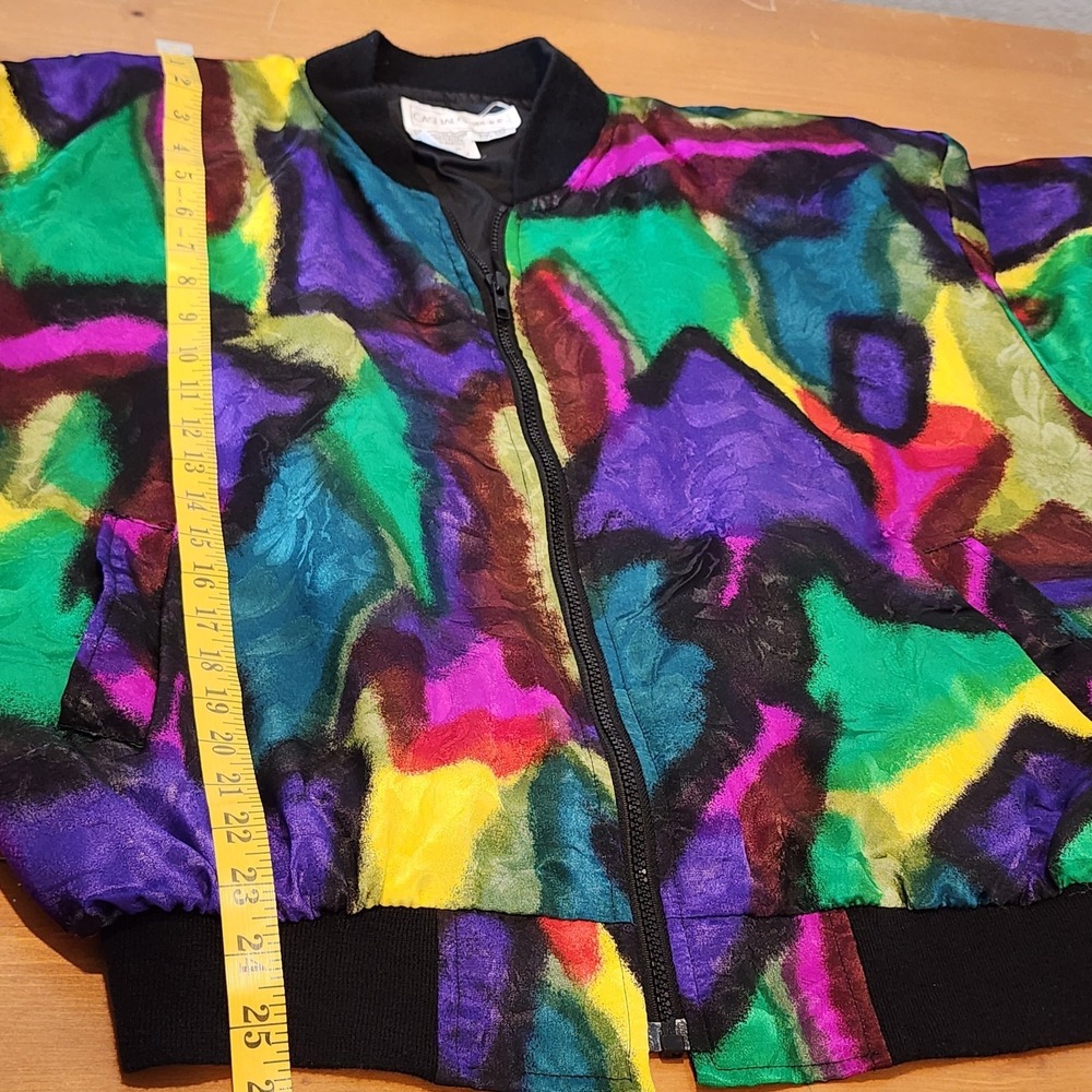 Casual Corner Satin Bomber Jacket Womens One Size Colorful Jacquard Abstract 80s - Picture 9 of 12